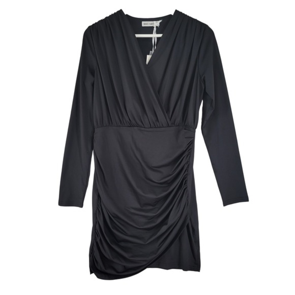 Grace Karin Black Mini Dress Women M Ruched Long Sleeve Faux wrap V-Neck LBD NWT